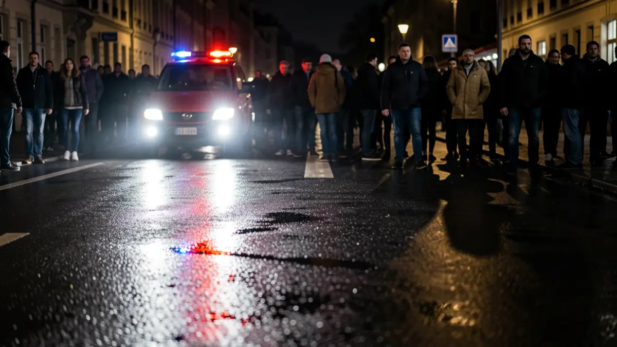 Imatge genèrica de llums d'emergència reflectint-se en asfalt mullat.