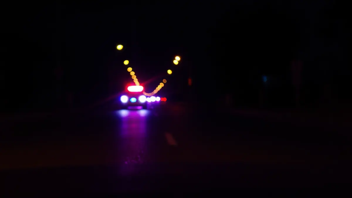 Imagen genérica de luces de emergencia reflejándose en el asfalto mojado de noche, sin vehículos visibles.