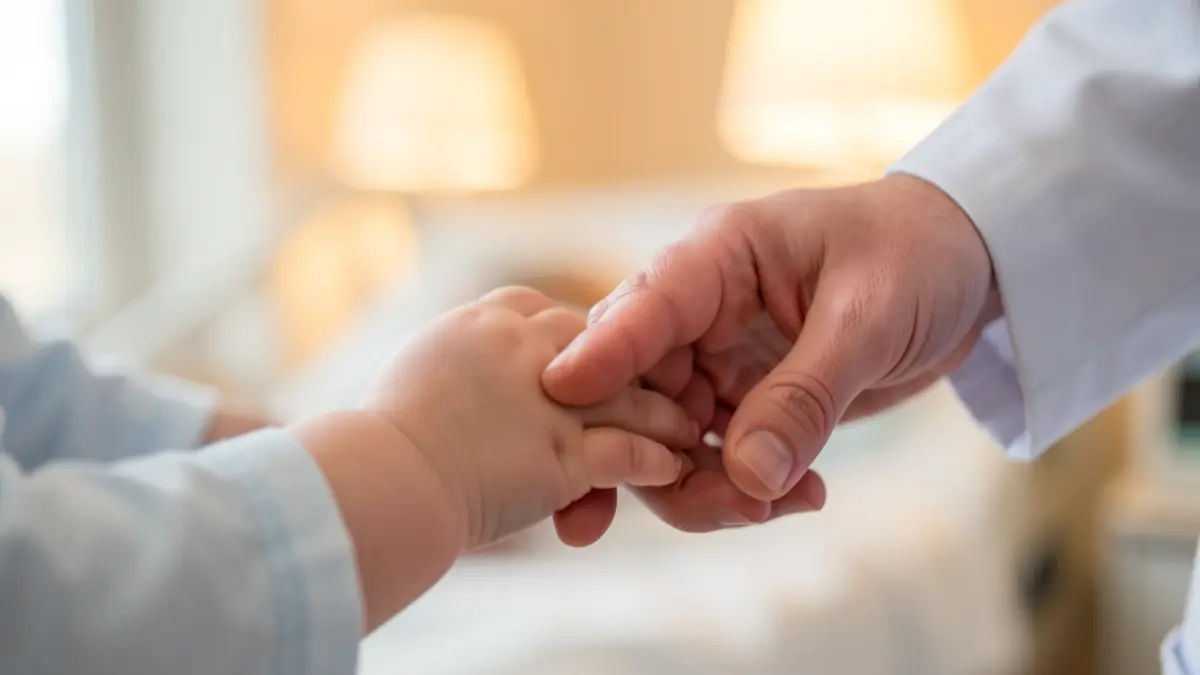 Imatge d'una mà de nadó agafant un dit d'un professional sanitari en un hospital.