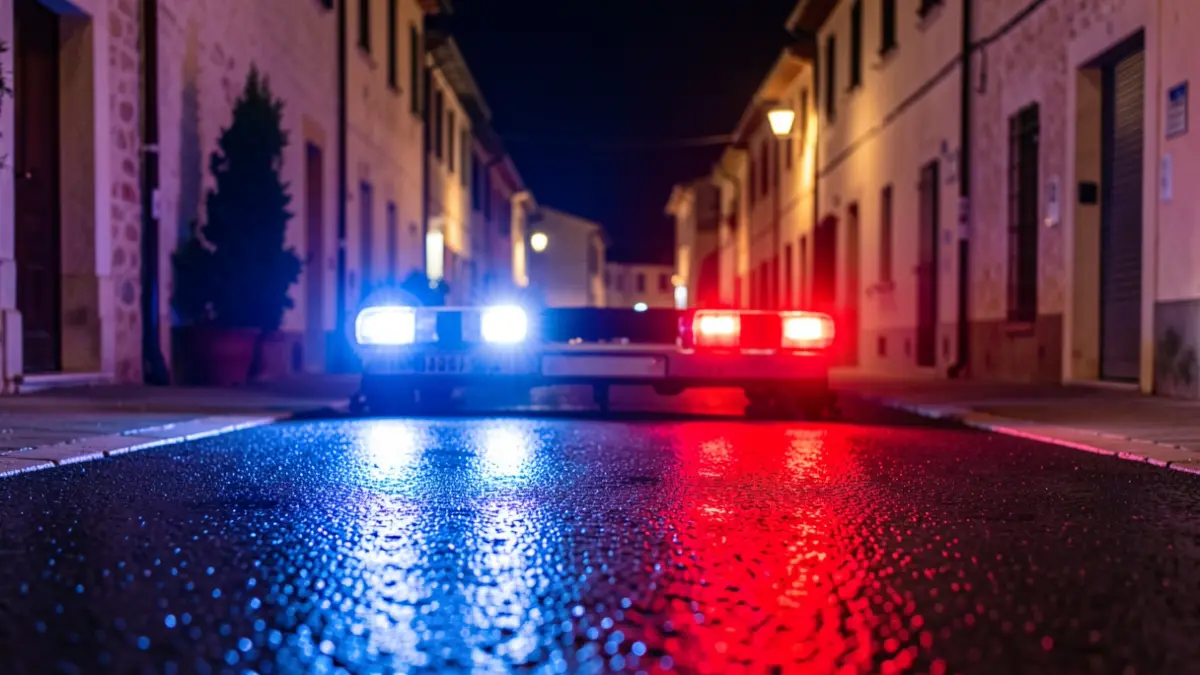Imagen genérica de luces de emergencia policiales reflejándose en asfalto mojado de noche.