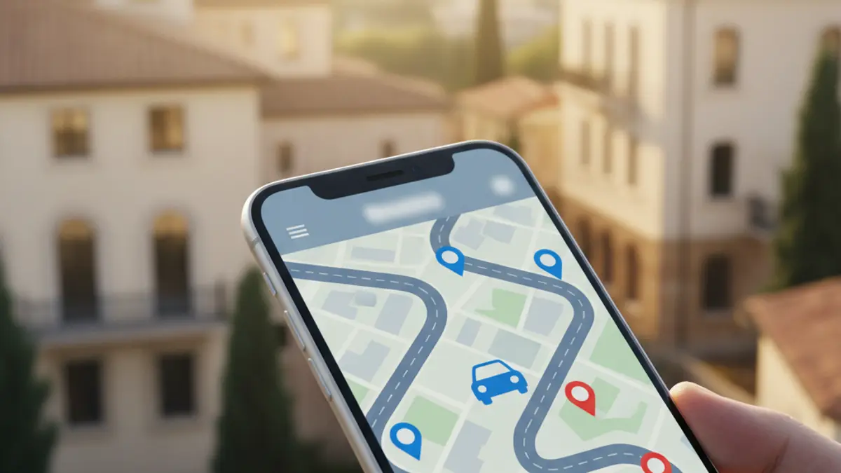 Imatge genèrica d'un telèfon mòbil mostrant una aplicació de transport, amb un fons urbà mediterrani desenfocat.