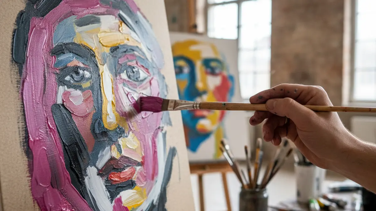 Generic image of an artist's hand painting a portrait with fuchsia, white, and black colors.