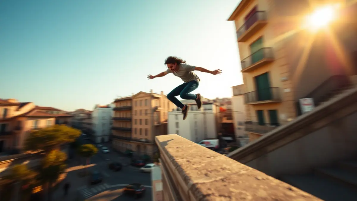 Generic image of a person practicing parkour in a Mediterranean urban environment.