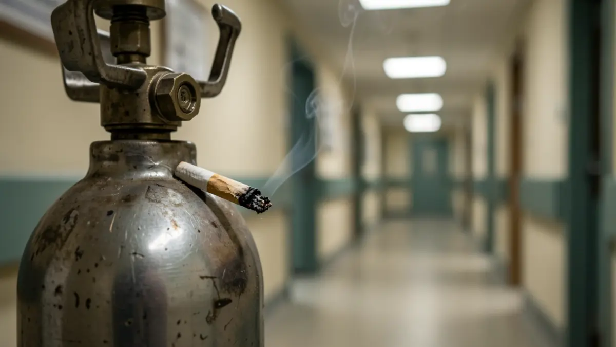 Imagen genérica de un cigarrillo cerca de una bombona de oxígeno, con un pasillo de hospital difuminado al fondo.