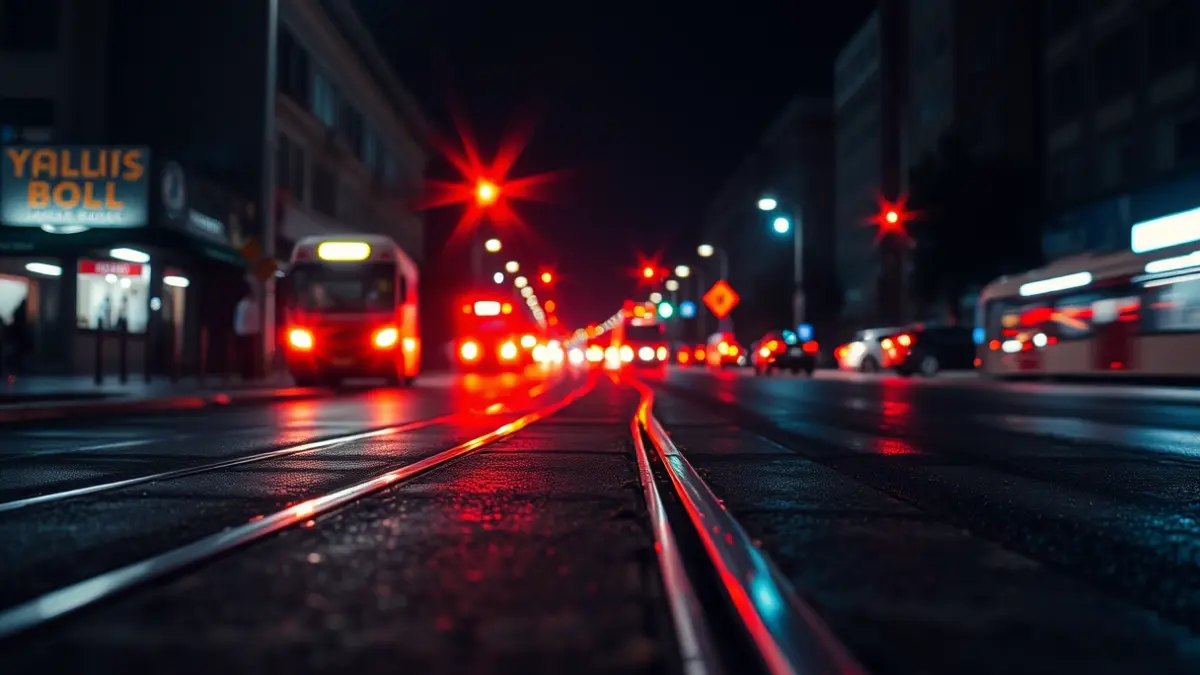 Generic image of emergency lights reflecting on wet asphalt, with blurred tram tracks in the foreground.