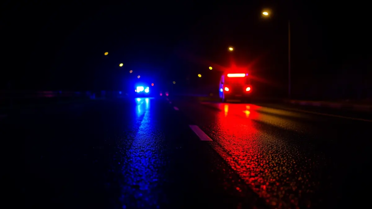 Imagen genérica de luces de emergencia reflejándose en el asfalto mojado en una carretera rural mediterránea.
