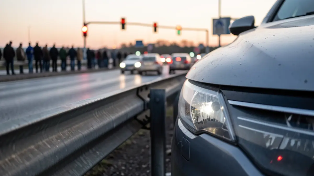 Generic image of a car crashed against a guardrail on a roundabout.