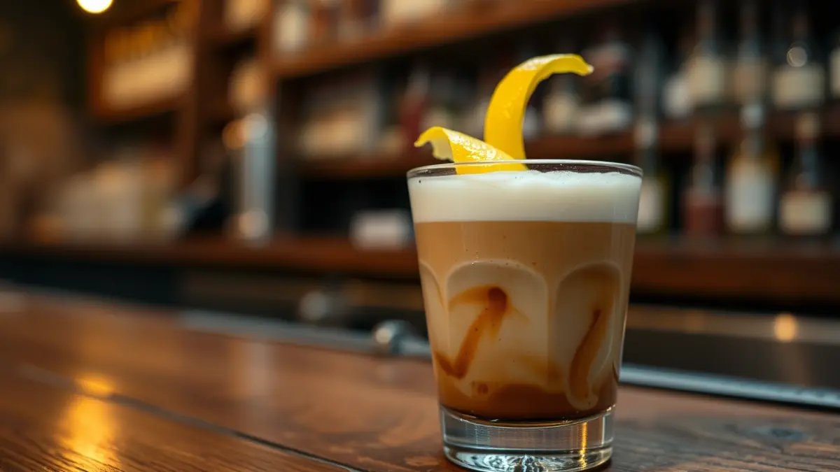Image of a Valencian cremaet drink with its distinct layers of coffee, liquor, and milk, with a lemon peel, on a wooden bar counter.