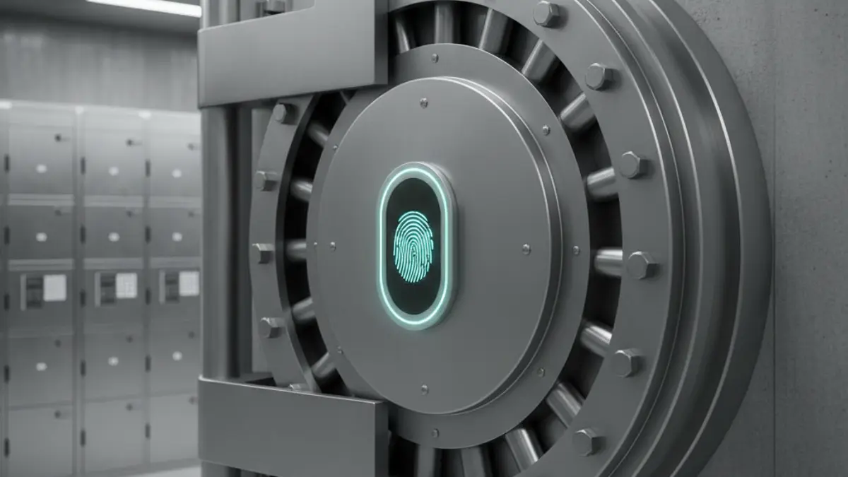 Generic image of a vault door with biometric scanner in a high-security deposit.