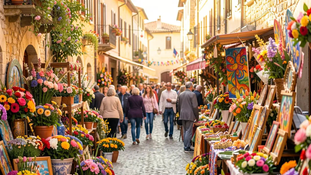 Imatge genèrica d'una festa popular amb decoracions florals i gent al carrer.