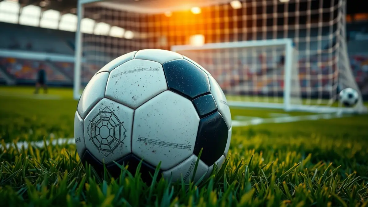Generic image of a soccer ball on a grass field, with a blurred goal in the background.