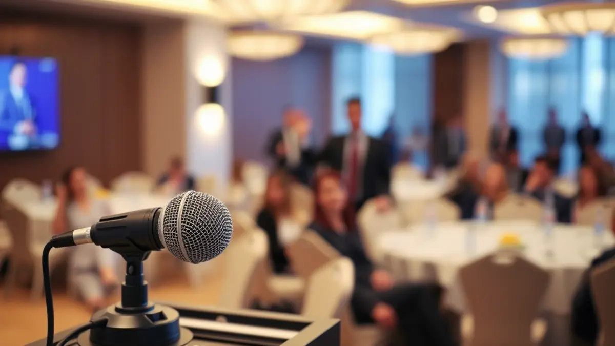 Generic image of a microphone on a podium during a business conference.