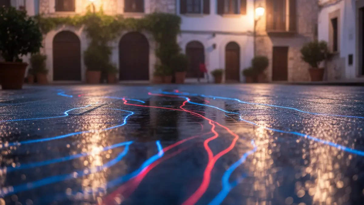Generic image of emergency lights reflecting on wet asphalt at night, with no visible vehicles.