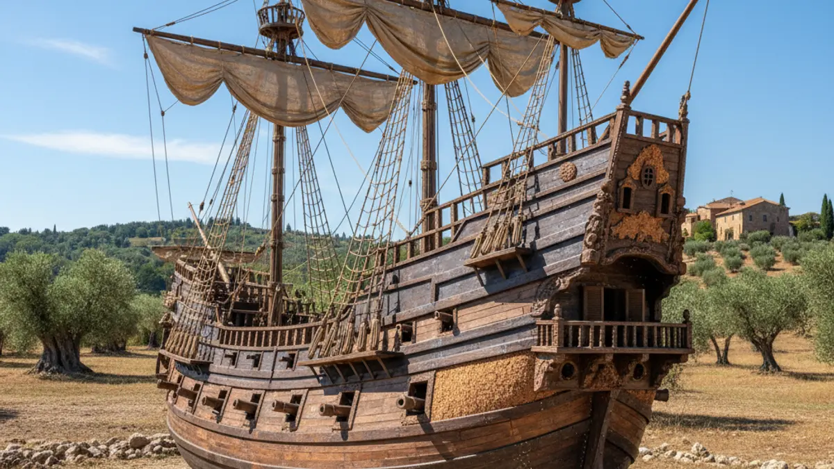 Imatge d'una rèplica d'un galió pirata venecià de set pisos, amb dos pals i un castell a la popa, construït per a un festival de música.