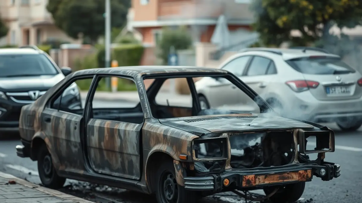 Imatge d'un cotxe calcinat en un carrer de Dénia, amb altres vehicles afectats pel foc.