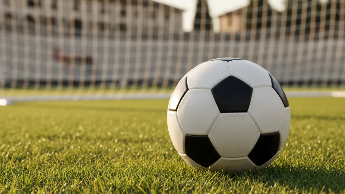 Generic image of a soccer ball on stadium grass, with a blurred goal net in the background.