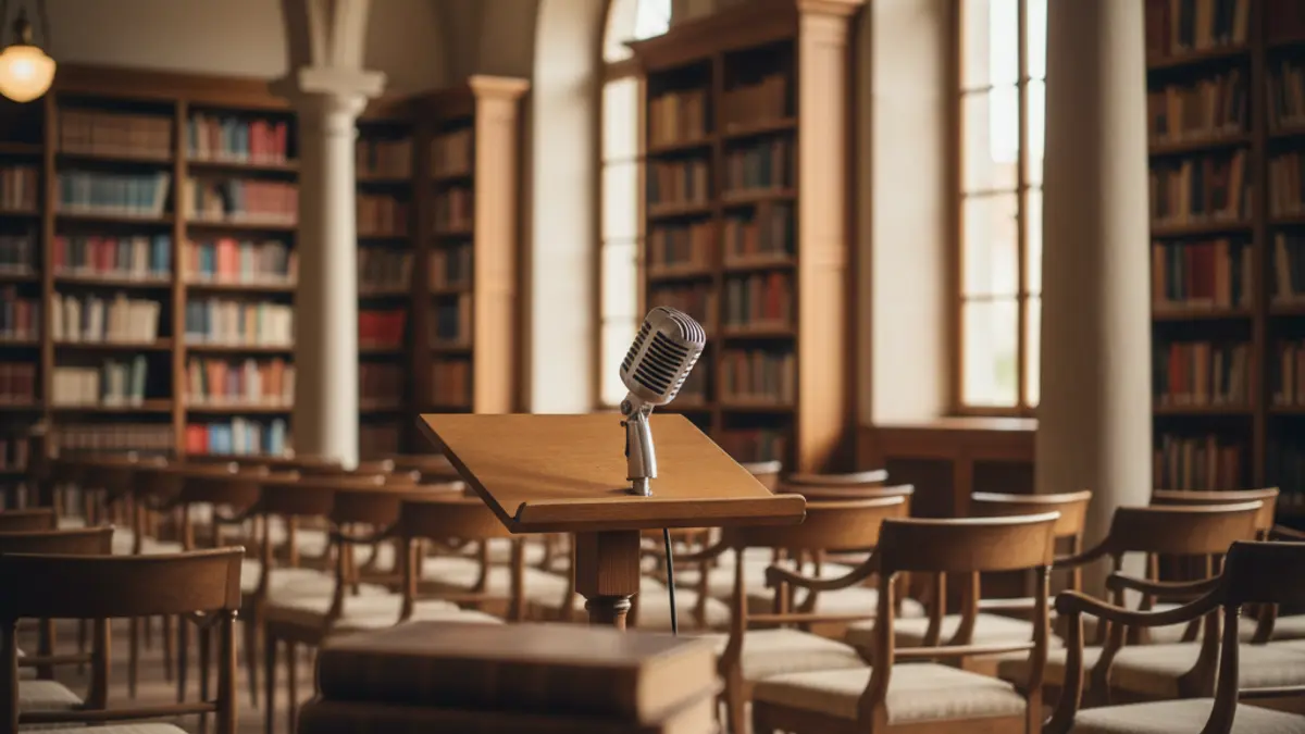 Generic image of a cozy library interior with wooden bookshelves and blurred books in the foreground.