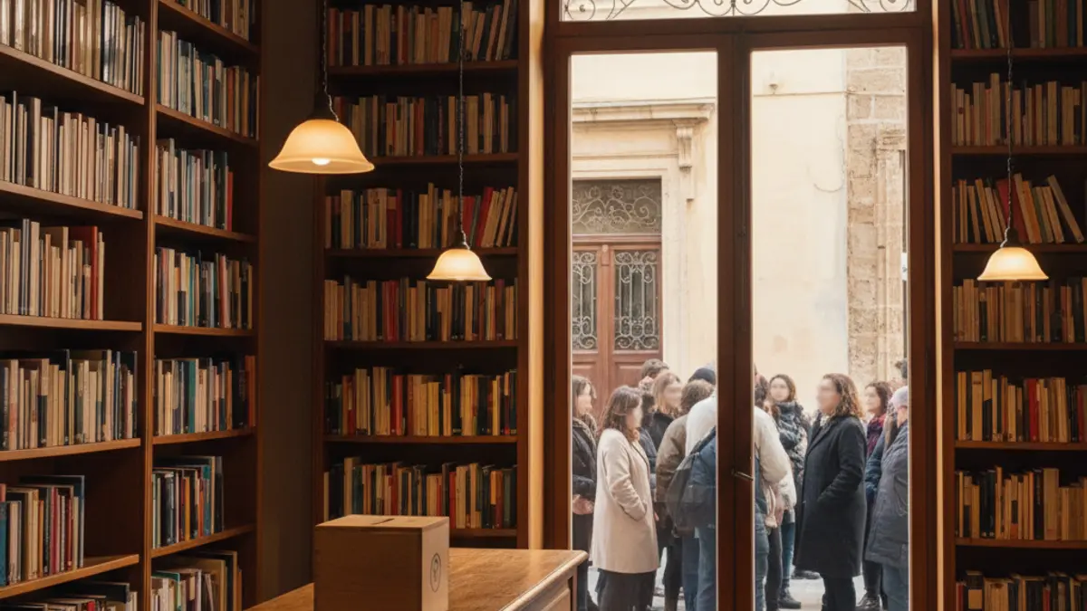 Image of a bookstore with shelves full of books and a queue of people waiting outside.