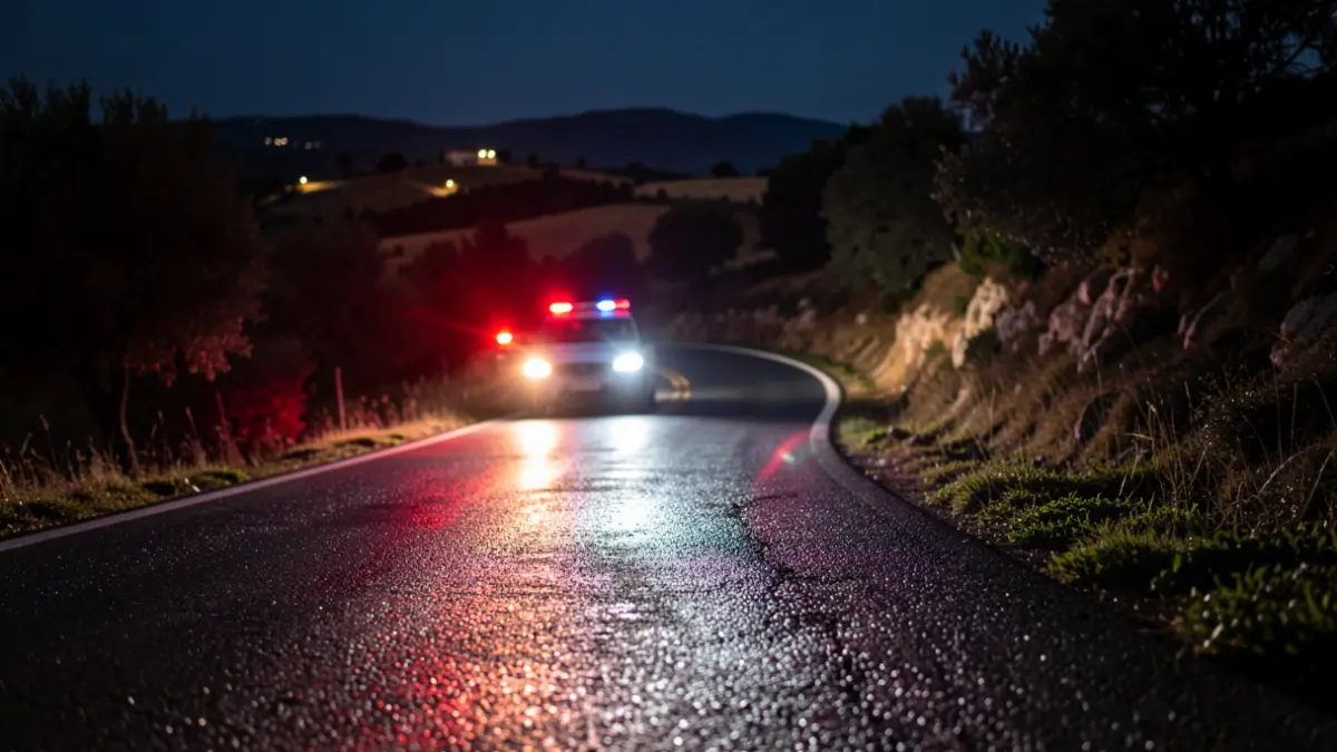 Generic image of emergency lights on a wet road at night.