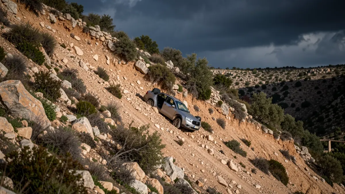 Generic image of a traffic accident with a car fallen down a slope.