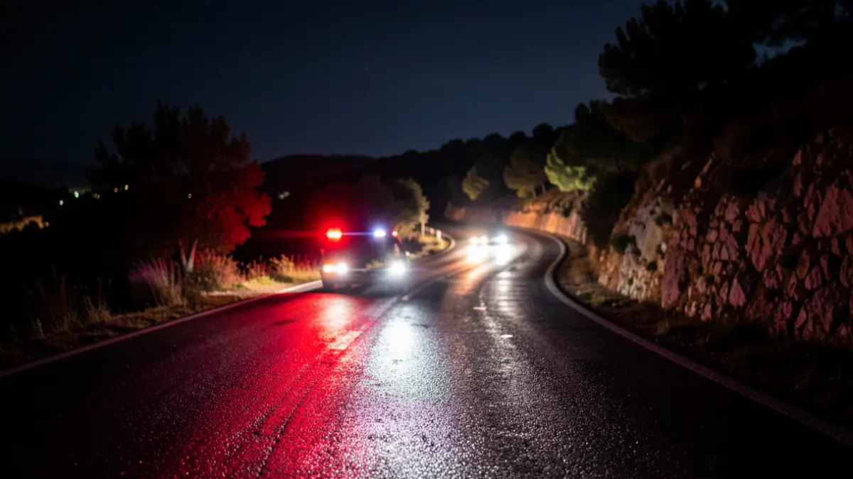 Imagen genérica de luces de emergencia en una carretera mojada de noche.