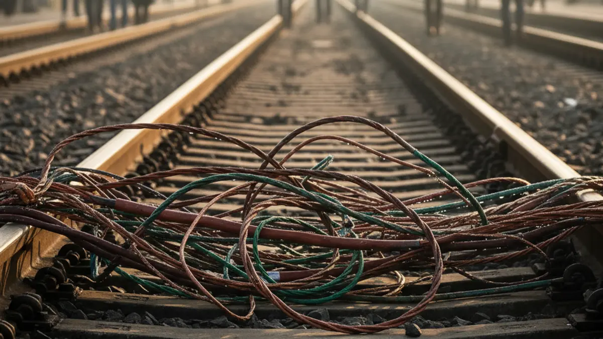 Generic image of stolen copper cables on a train track, with blurred tracks and gravel in the background.