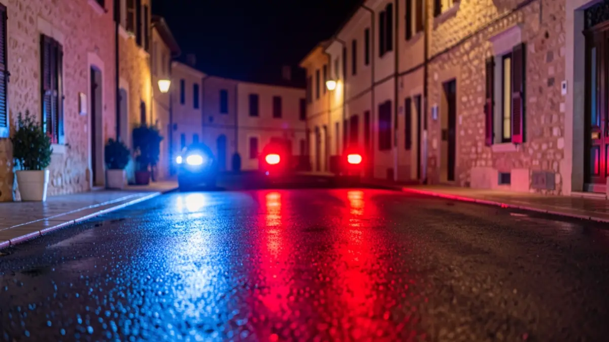 Imagen genérica de luces de emergencia policiales reflejándose en asfalto mojado.