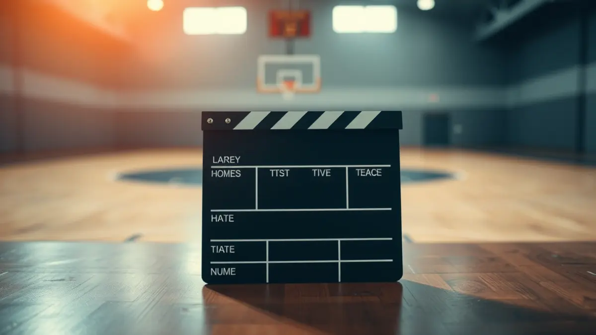 Imatge d'un productor de cinema valencià, amb un clap de cinema i una pista de bàsquet desenfocada al fons.