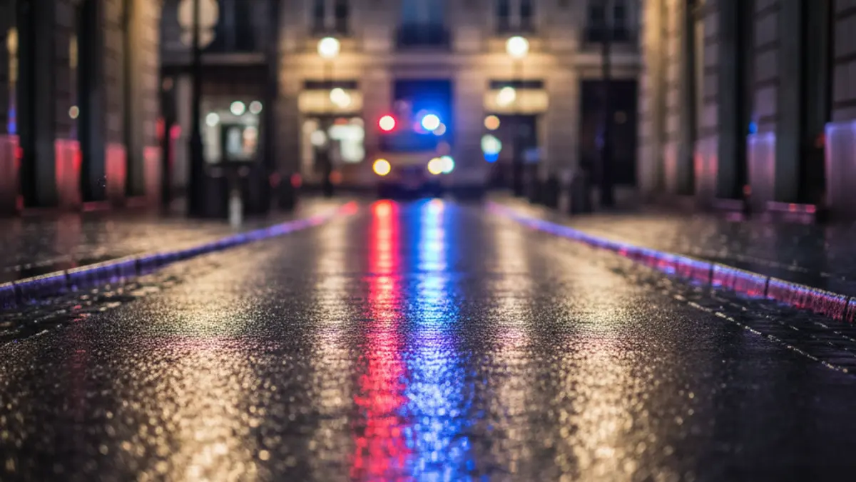 Imagen genérica de luces de emergencia reflejándose en asfalto mojado, sin vehículos visibles, sugiriendo tensión.