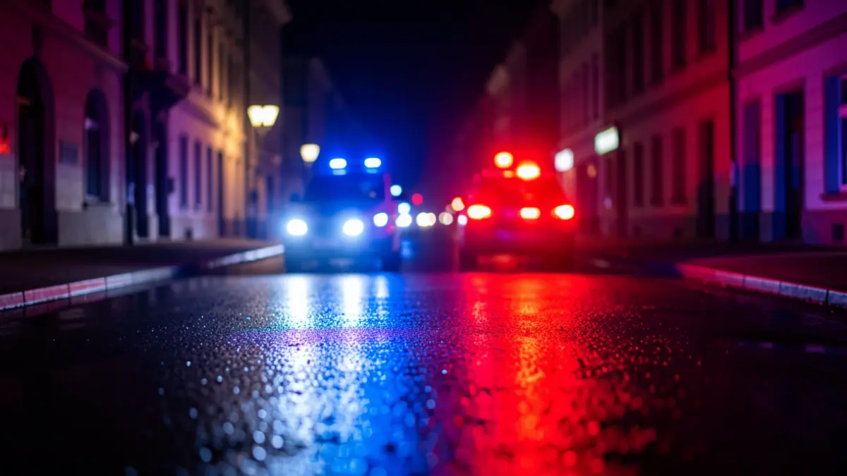 Generic image of police emergency lights reflecting on asphalt at night.