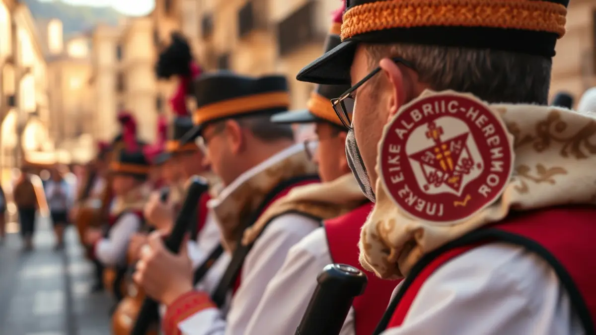 Image of a Fallas band with the Alberic-Heroi Romeu emblem during a procession in a Mediterranean city.