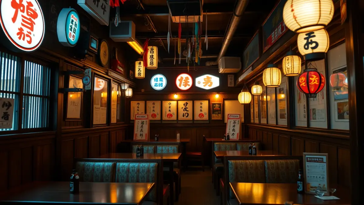 Image of a traditional Japanese izakaya interior with compact seating and authentic decor.
