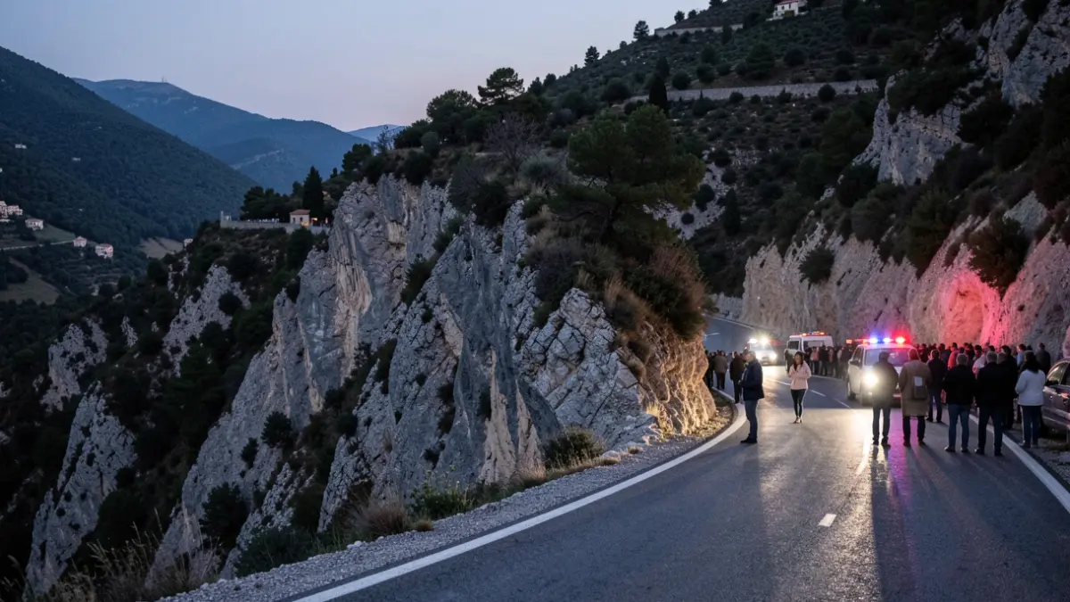 Generic image of a dangerous road with emergency lights.