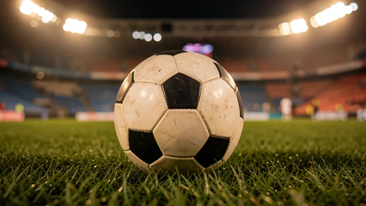 Imatge genèrica d'una pilota de futbol sobre gespa amb llums d'estadi desenfocades.