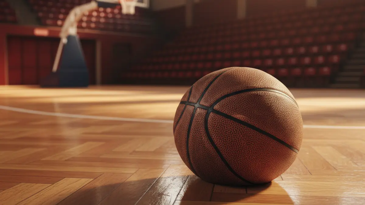 Generic image of a basketball on a court, with the hoop blurred in the background.
