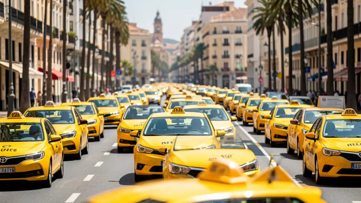 Imatge genèrica de taxis omplint un carrer de València.
