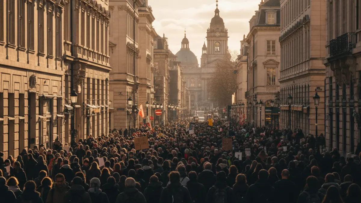 Generic image of a large protest in a city street, with banners and people demonstrating.