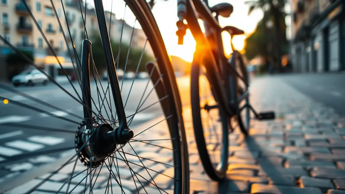 Imatge genèrica d'una roda de bicicleta aparcada en una vorera de pedra, amb llum càlida de vesprada i un fons urbà difuminat.