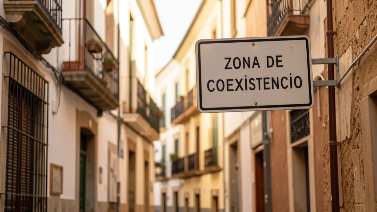 Señal de 'zona de coexistencia' con límite de velocidad en Ciutat Vella, Valencia.