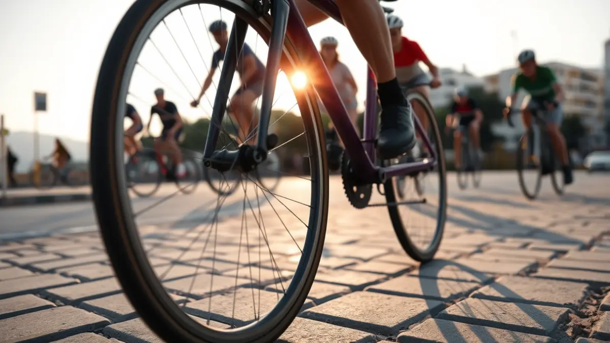 Imatge genèrica d'una roda de bicicleta en una carretera, amb ciclistes desenfocats al fons, llum de matí.