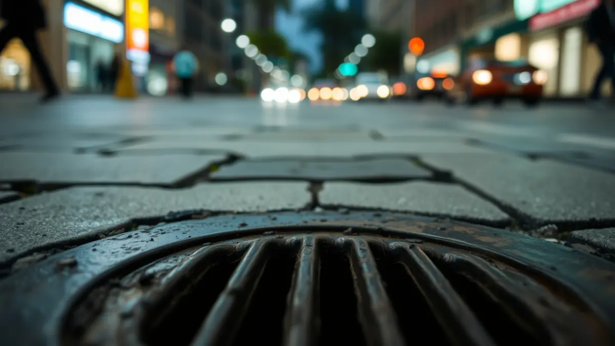 Generic image of a sewer grate on a city street, with a blurred urban background.