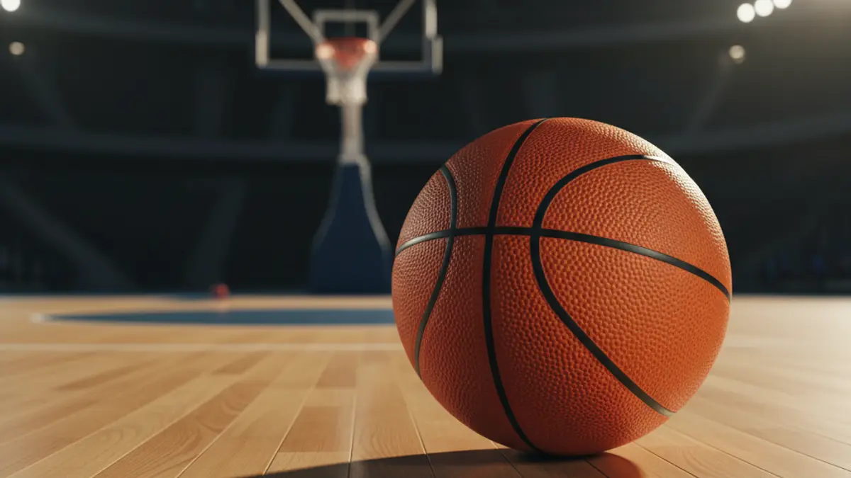 Imagen genérica de un balón de baloncesto en una cancha de madera pulida, con un aro de baloncesto desenfocado al fondo.