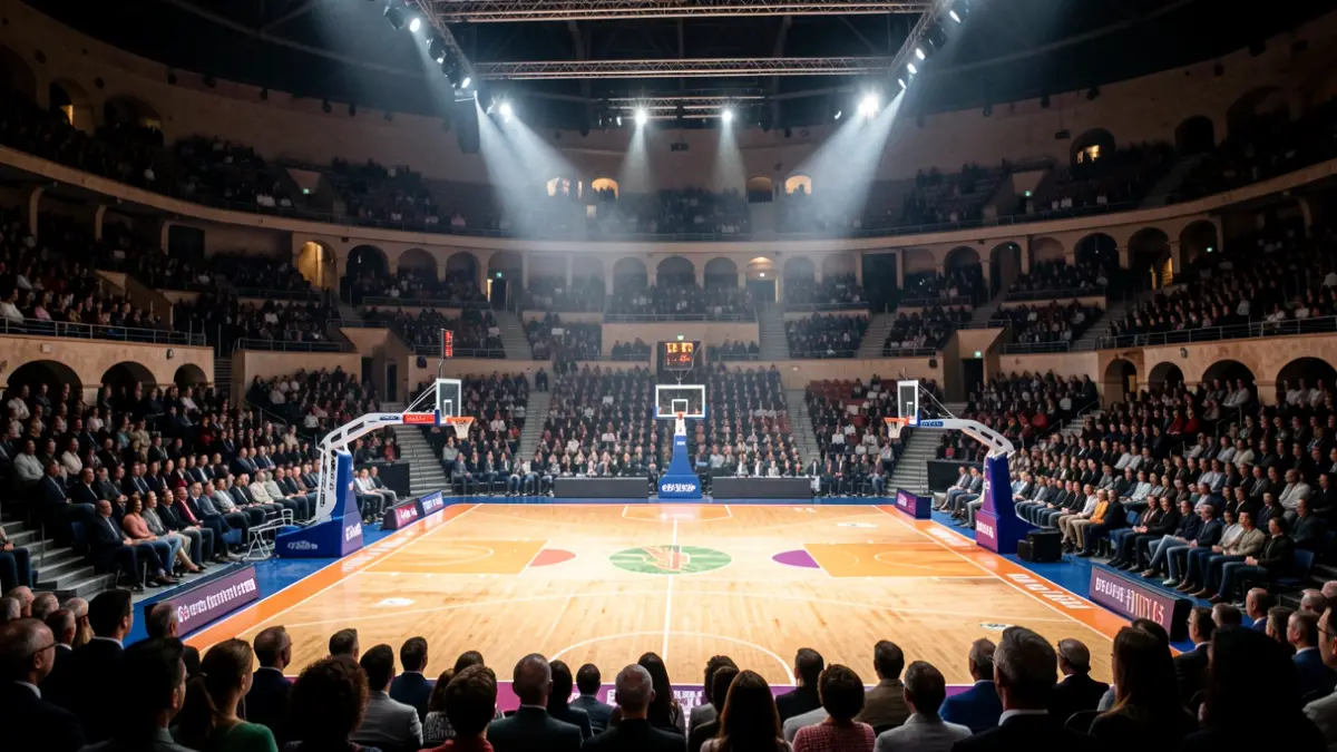 Imatge genèrica d'una pista de bàsquet en una gran arena amb il·luminació dramàtica.