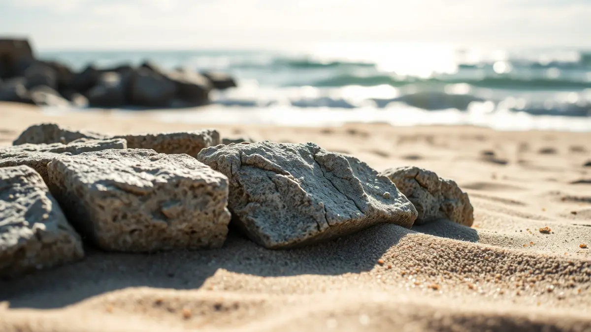 Imatge d'uns fragments de pedra d'un monument històric en una platja de València, amb ones de l'oceà desenfocades al fons.