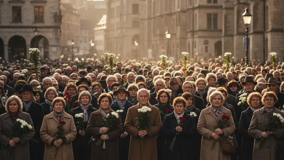 Image of a crowd of people in a historic street in Valencia, with flowers, celebrating a local tradition.
