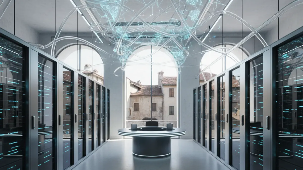 Imatge genèrica d'un centre de dades modern amb servidors i llums de dades brillants, que simbolitza la tecnologia avançada i les operacions globals.