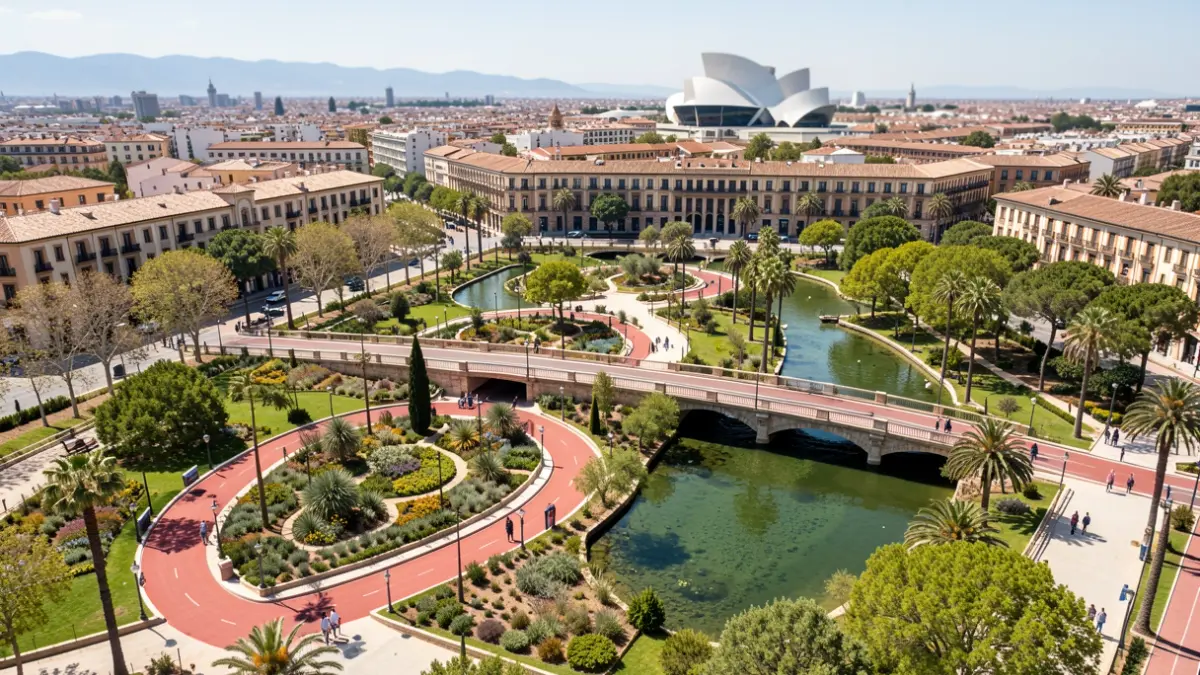 Aerial view of the Turia Garden in Valencia, with renovated paths and bridges.