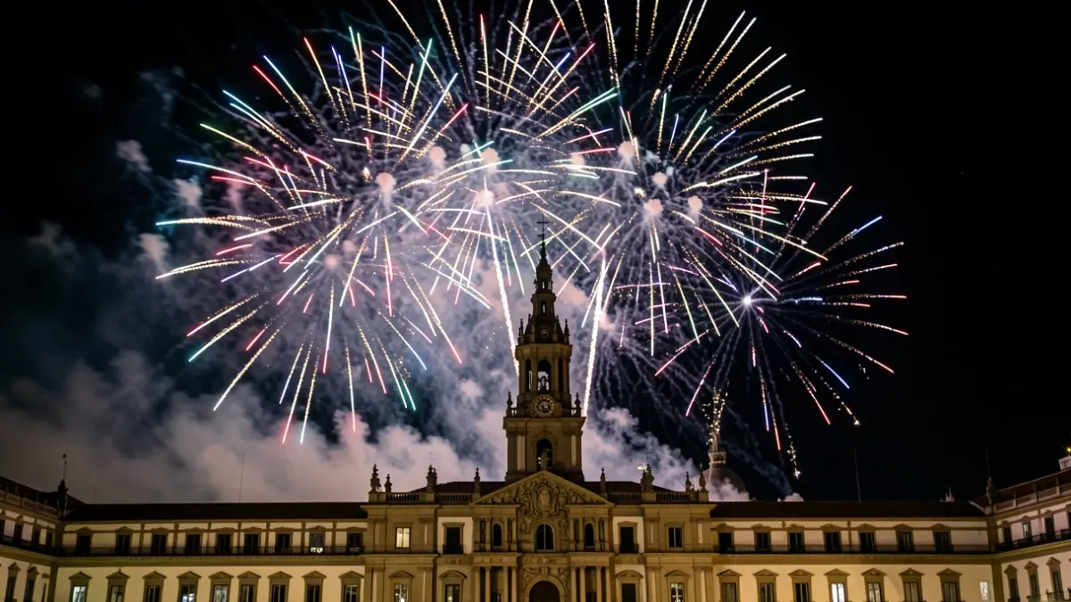 Espectacle pirotècnic nocturn sobre l'Ajuntament de València.