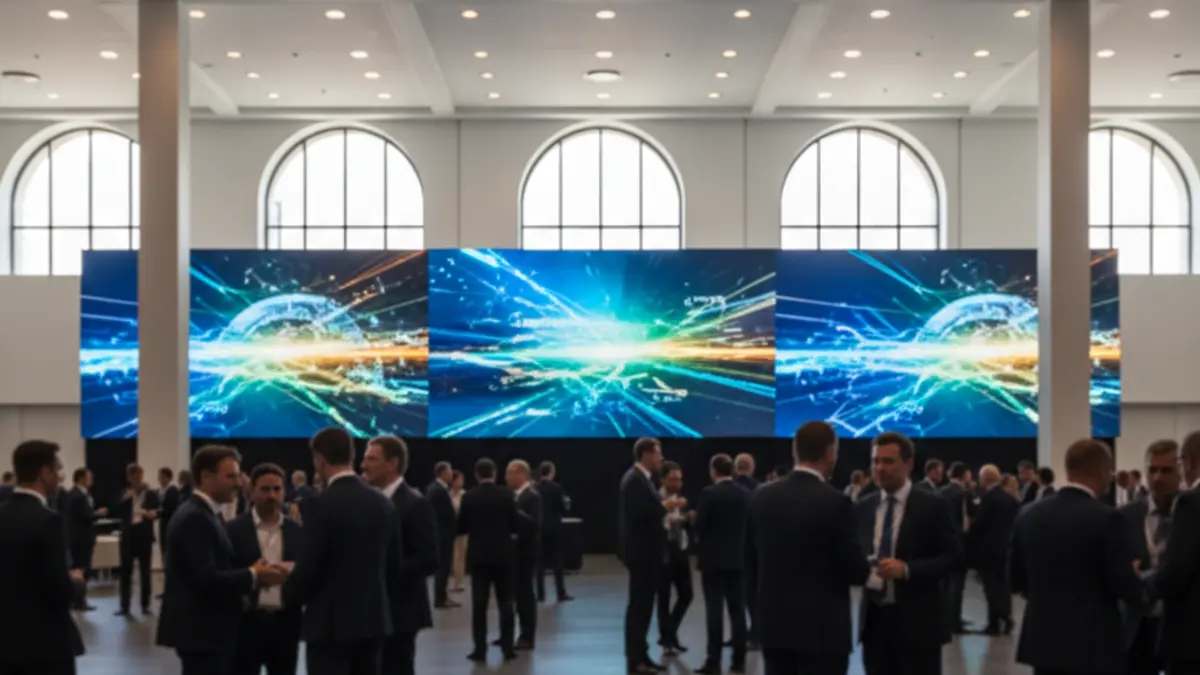 Imatge genèrica d'un congrés empresarial amb professionals interactuant en un espai modern.
