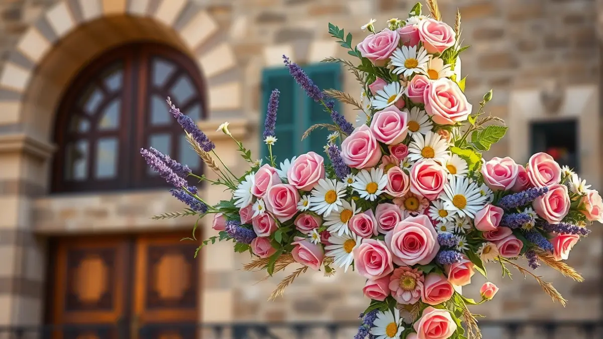Image of a floral May Cross with pink roses, daisies, and lavender, dedicated to mothers.